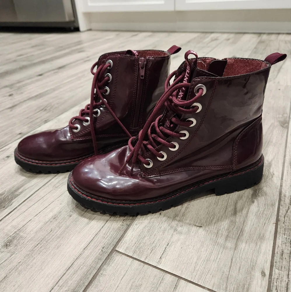 Zara Kids Pink Panther Burgundy Lace Up Patton Leather Combat Boots 38/6 EU